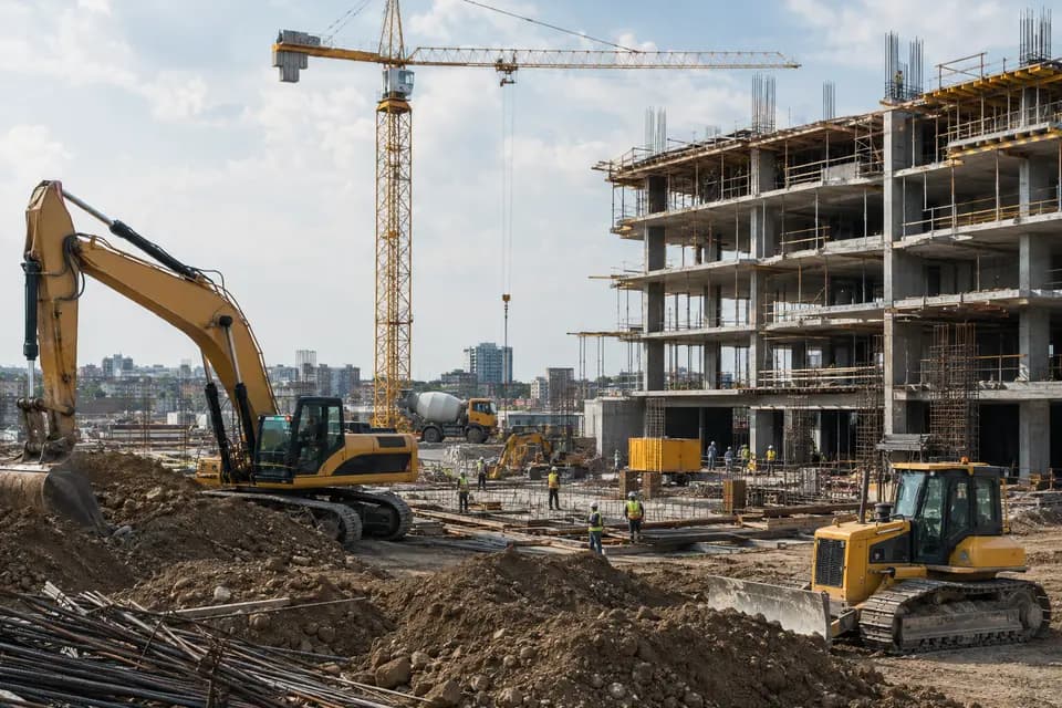 Excavators and cranes coordinating work at a large construction site