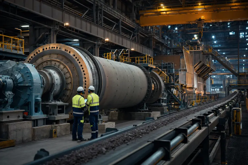 Technicians monitoring large rotating equipment in a heavy-industry plant
