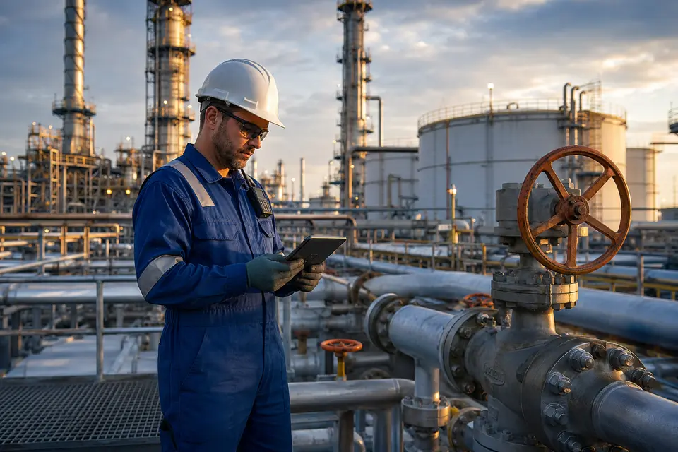 Engineer inspecting equipment at an oil and gas processing facility