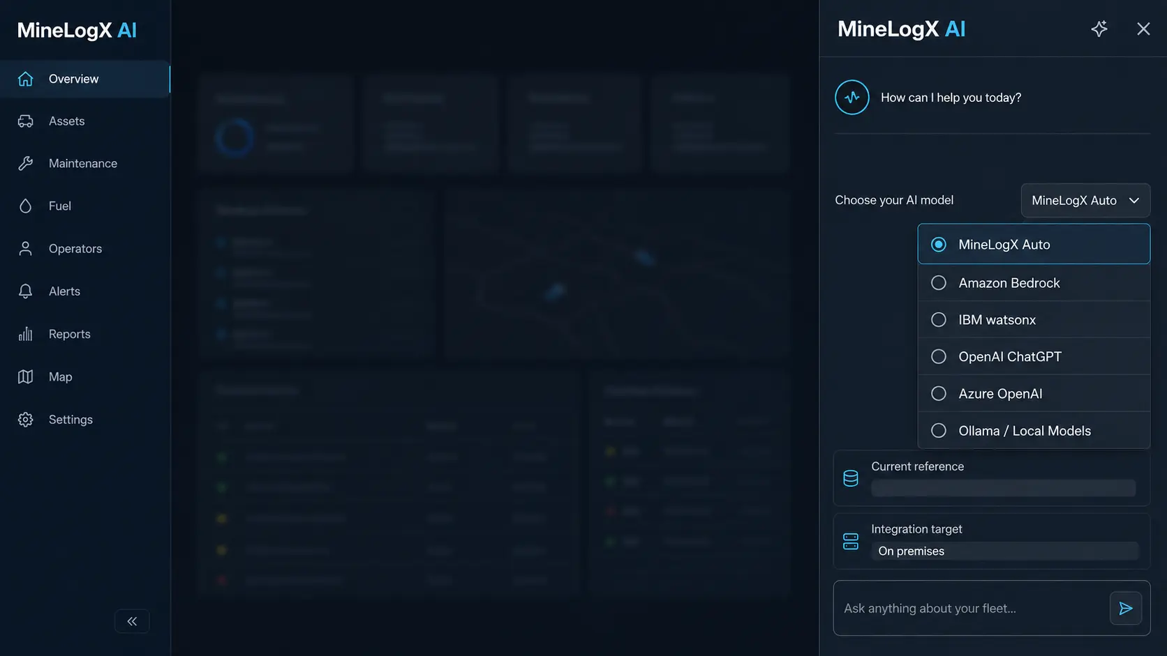 MineLogX AI chatbot model selector with cloud and local model options